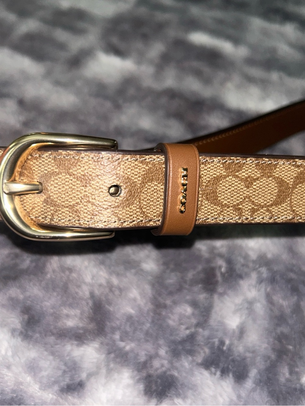 Coach Monogram Canvas Belt with Tan Leather Trim and Gold Buckle